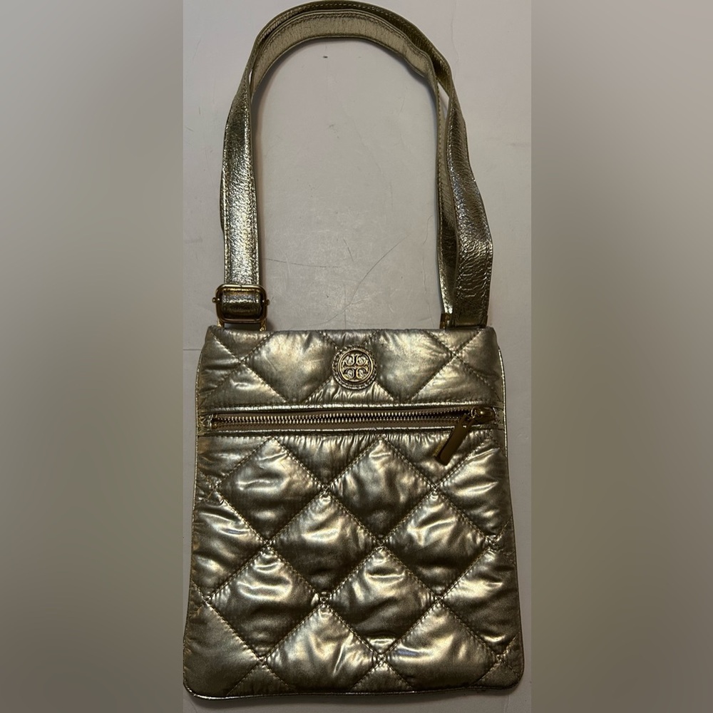 Tory Burch Alice Swingpack Quilted Nylon gold Crossbody Bag Adj Strap